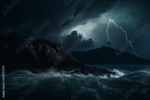 Dark stormy sea with lightning and clouds looming over mountains, creating a scary, horror atmosphere. Abstract lighting adds interest. Generative AI