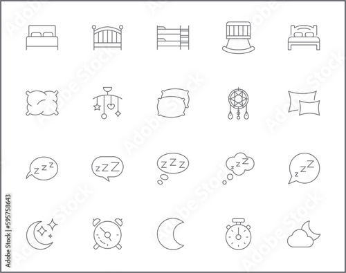 Simple Set of sleep Related Vector Line Icons. Vector collection of insomnia, bed, time, zzz, moon,  cloud alarm clock, pillows and design elements symbols or logo element.