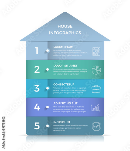 Business infographic template with house divided on five elements with place for text and icons, vector eps10 illustration