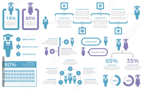 Education infographic elements - diagrams, statistics, percents - set of templates with students icons, vector eps10 illustration
