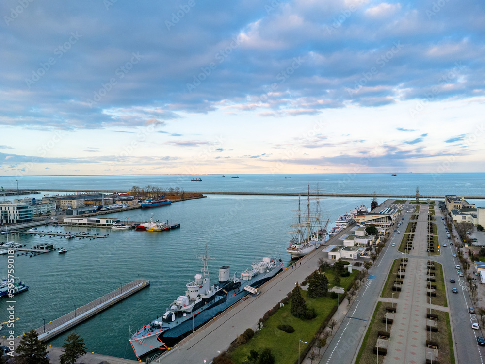 Aerial view landscape Poland Gdynia. The square and the harbor. View of the Baltic sea. 