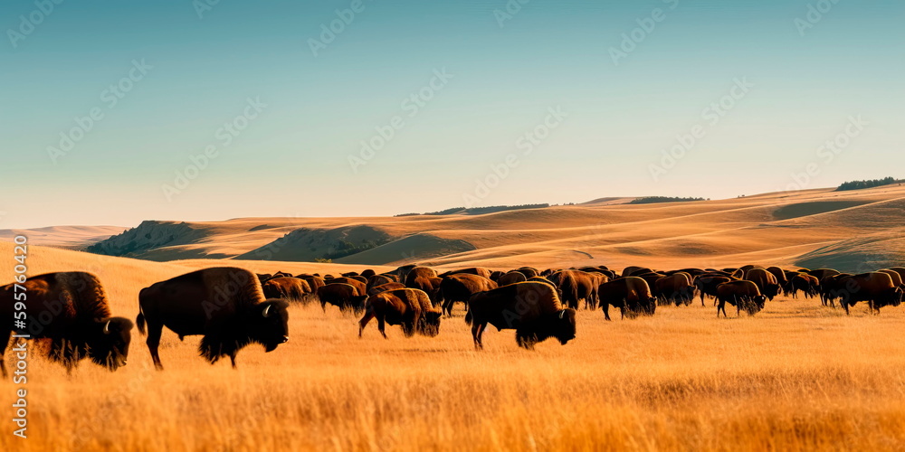 Obraz premium herd of bison grazing on a plain, with rolling hills and a clear blue sky. Generative AI