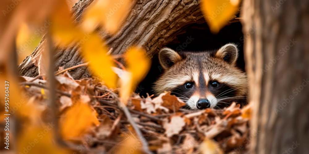 raccoon peeking out of a tree hole, with leaves and branches surrounding it Generative AI