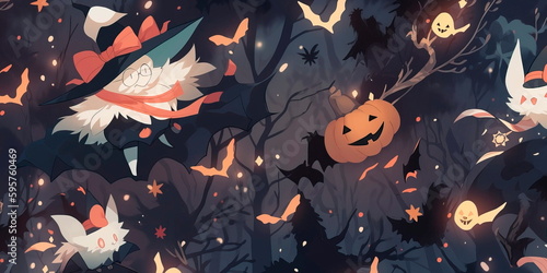 pattern with a Halloween theme, featuring spooky elements such as ghosts, bats, and witches  Generative AI © Лилия Захарчук