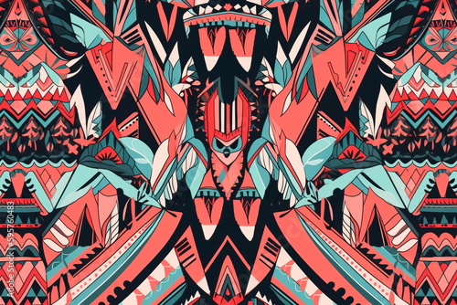 seamless pattern with a tribal-inspired design, featuring geometric shapes and bold colors. Generative AI