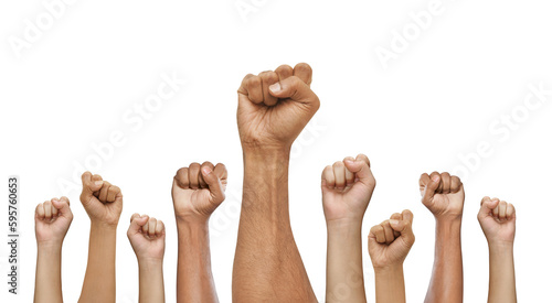 Hands raised up man and women isolated on white, Human equal rights , labor day, right for freedom, election, power of common people. © GEMINI