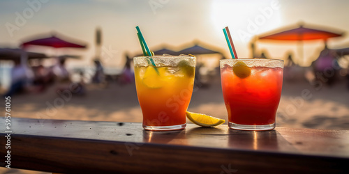 close-up of tropical cocktail drinks, selective focus and details. alcoholic drink refreshment on beach. digital ai art