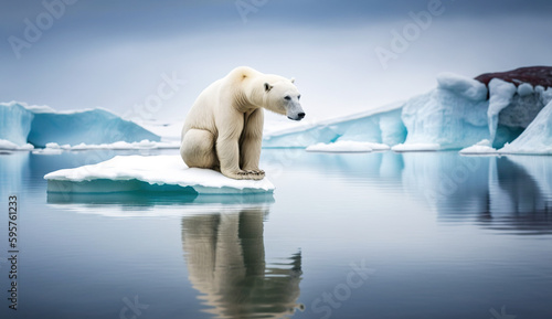 Generative AI technology. Pollution  polar bear at risk on melting ice.