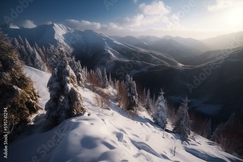 Beautiful winter landscape with sunlit snowy mountains, perfect for hiking and travel. Carpathian winter wonderland. Generative AI