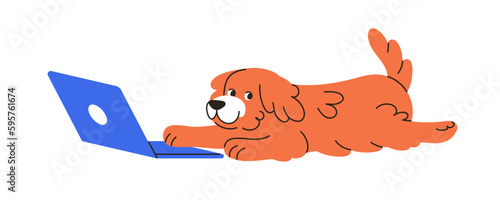 Cute dog at laptop. Funny puppy in internet, online at notebook computer. Amusing happy doggy, PC user. Canine animal, pup using technology. Flat vector illustration isolated on white background