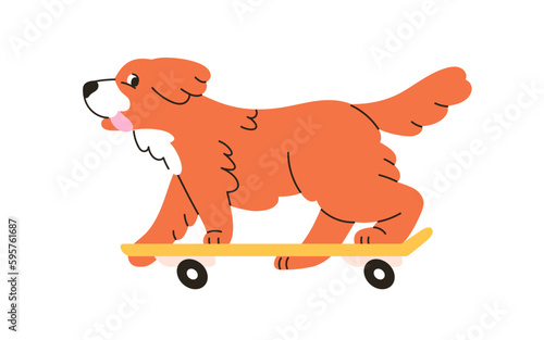Funny dog riding skateboard. Cute little puppy on skate board. Amusing adorable doggy skater, happy active canine animal, skateboarder. Childish flat vector illustration isolated on white background