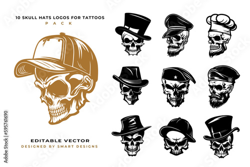 Skull Hats Logos for Tattoos Pack x10