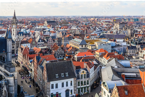 Aerial panoramic view of the historic city of Ghent, province of East Flanders, Belgium