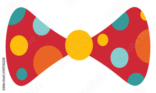 A red clown bow tie with blue, red, and yellow dots on it. Circus dress element.