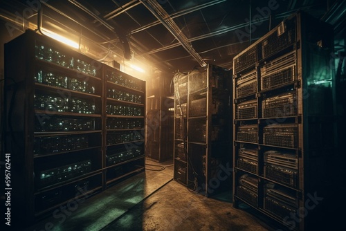 Computer storage racks in secure room for cryptocurrency mining. Generative AI