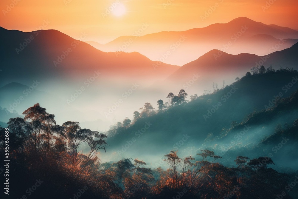 Misty mountain sunrise abstract with colorful hues and forest background. Generative AI