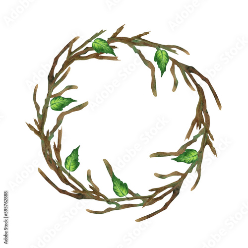 branches woven into a wreath. Watercolor illustration