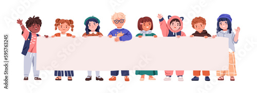 Happy kids holding blank banner. Cute children with advertising board background in hand. Little smiling girls and boys, horizontal paper placard. Flat vector illustration isolated on white background