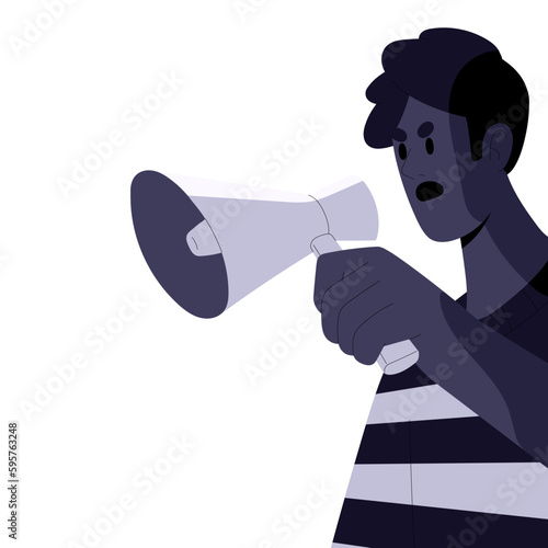 Angry speaker speaking with bullhorn, megaphone in hand. Activist, protester shouting, announcing complaint at loudspeaker. Discontent evil man. Flat vector illustration isolated on white background