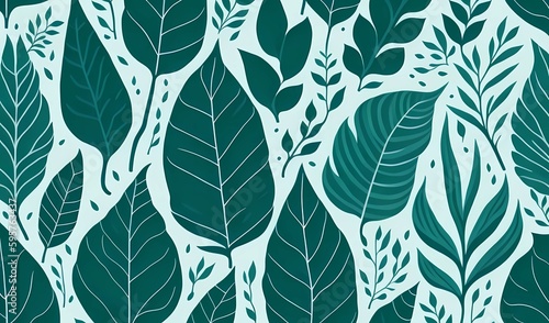 random leaves design patterns prints in white green background made with generative ai