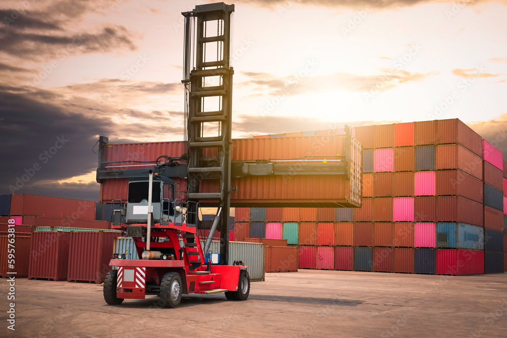 Container Crane Tractor Lifting Up Stacking Cargo Container. Handling ...