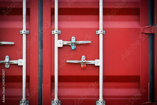 Container Door Locked with Protective Lead Seal. Security of Cargo Shipment. Truck Transport, Logistics Freight Truck.