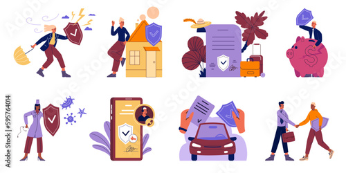 Accident insurance scenes. People trying to protect themselves financially. Care and help. Journey protection. Health and property shield. Guarantee document. Life insuring vector set