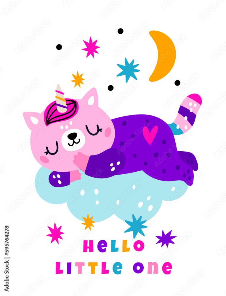 Birthday party. Greeting card. Sweet dream. Cartoon unicorn cat sleeps on cloud. Night sky. Cute kitten relaxation. Slumbering funny animal. Hello baby. Vector illustration banner design