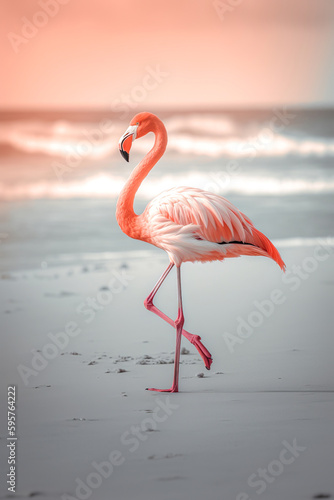 Summer tropical animal concept  exotic pink flamingo on the beach  seashore  hot sand and sunny summer day. Illustration  Generative AI.