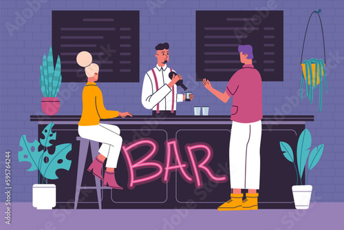 Bar interior people. Patrons order beverages. Friends pub. Professional bartender at work. Man and woman waiting cocktails at cafe counter. Barkeeper preparing drinks. Vector concept