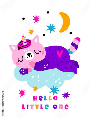 Fototapeta Naklejka Na Ścianę i Meble -  Birthday party. Greeting card. Sweet dream. Cartoon unicorn cat sleeps on cloud. Night sky. Cute kitten relaxation. Slumbering funny animal. Hello baby. Vector illustration banner design