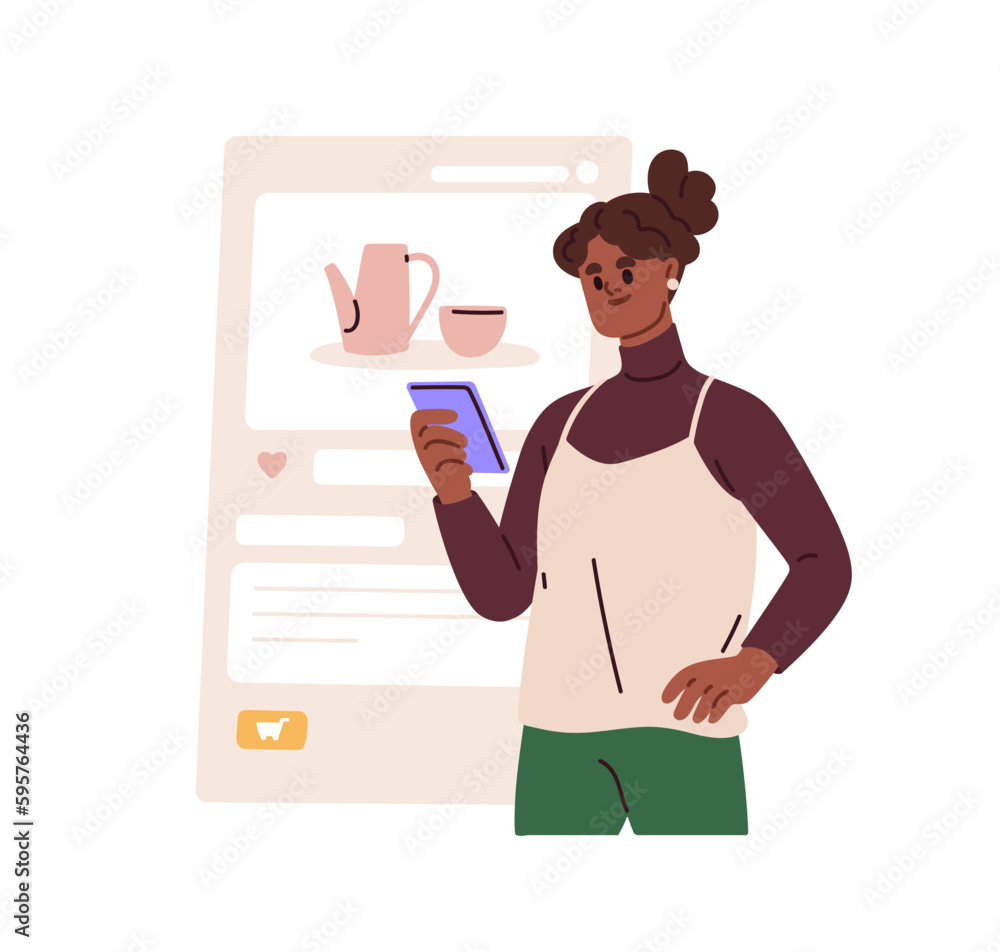 Online shopping concept. Woman with mobile phone, smartphone, making purchase in internet store, ordering in digital market, marketplace. Flat graphic vector illustration isolated on white background Online shopping concept. Woman with mobile phone, smartphone, making purchase in internet store, ordering in digital market, marketplace. Flat graphic vector illustration isolated on white background