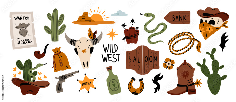 Cartoon wild west elements. Western isolated objects. Cowboy skull in wide brimmed hat. Sheriff badge. Desert cacti. Saloon doors. Tequila bottle. Money bag and snake. Garish vector set