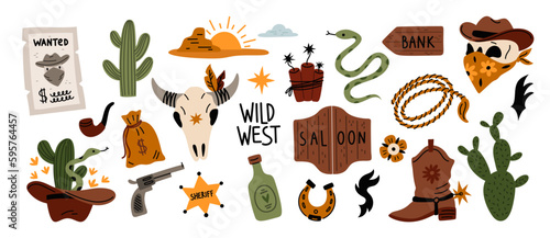 Cartoon wild west elements. Western isolated objects. Cowboy skull in wide brimmed hat. Sheriff badge. Desert cacti. Saloon doors. Tequila bottle. Money bag and snake. Garish vector set