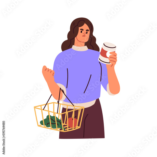 Consumer reading label of food product in grocery store. Woman customer checking contents on package before buying. Careful shopping concept. Flat vector illustration isolated on white background