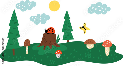 Cute fox. Wild nature landscape. Forest trees. Pines and amanita mushrooms. Ladybug on stump. Doodle meadow panorama. Summer field scenery. Childish drawing. Vector cartoon illustration