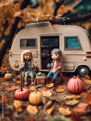 Couple traveling in an RV handsome little boyand beautiful , Generative AI photo