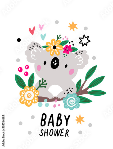 Cute koala card. Baby shower holiday. Birth anniversary celebration. Cartoon exotic animal with floral wreath. Flowers and plant branch leaves. Mammals muzzle. Vector kids banner design