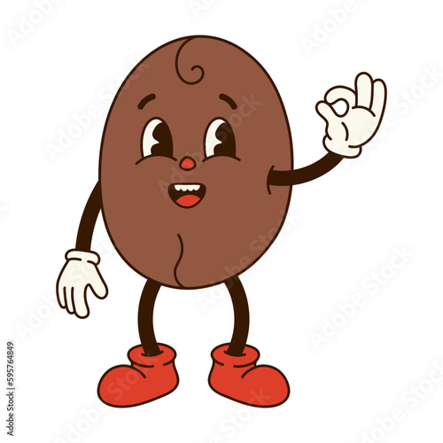 Groovy retro cartoon coffee bean character. Bean with eyes and showing ok his hand in glove. Isolated flat illustration in style 60s 70s