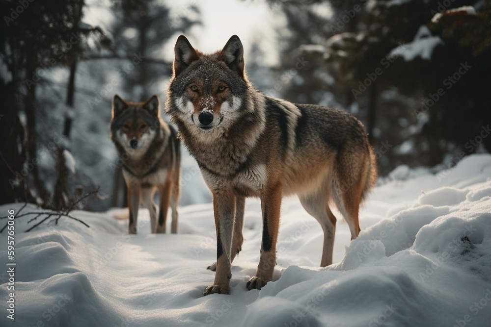 A pair of wolves walking together on snowy terrain. Generative AI