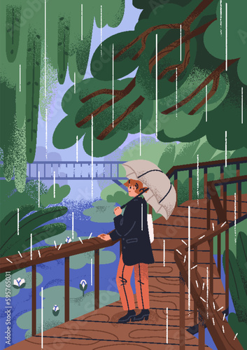 Person walking alone in park, strolling under umbrella in rainy weather. Woma...