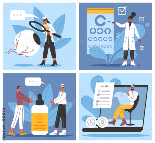 Eye doctors scene. Ophthalmic examination. Eyesight treatment. Ophthalmologist examining patient. Vision check. Drops appointment. Optometrists consultation. Vector ophthalmology set