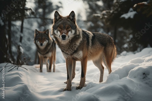 A pair of wolves walking together on snowy terrain. Generative AI