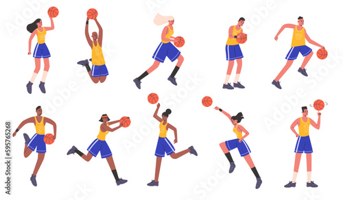 Female or male basketball players. Athletes characters with ball. People in sport uniform. Men or women team game. Persons play streetball. Sportsman motions. Vector basketballers set