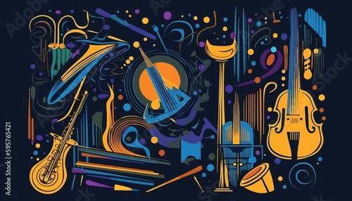 Colorful, abstract, vector illustration of jazz instruments coming together with city silhouette and lights to create a vibrant background