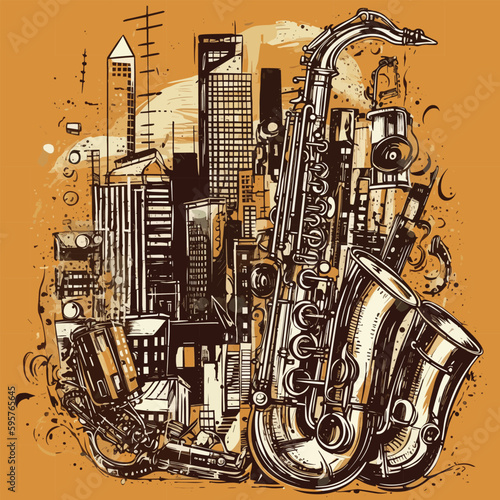 Colorful, abstract, vector illustration of jazz instruments coming together with city silhouette and lights to create a vibrant background