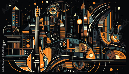 Colorful, abstract, vector illustration of jazz instruments coming together with city silhouette and lights to create a vibrant background