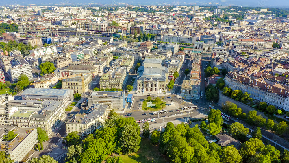 Geneva, Switzerland - July 13, 2019: Flight over the central part of the city. Grand Theater of Geneva, Aerial View