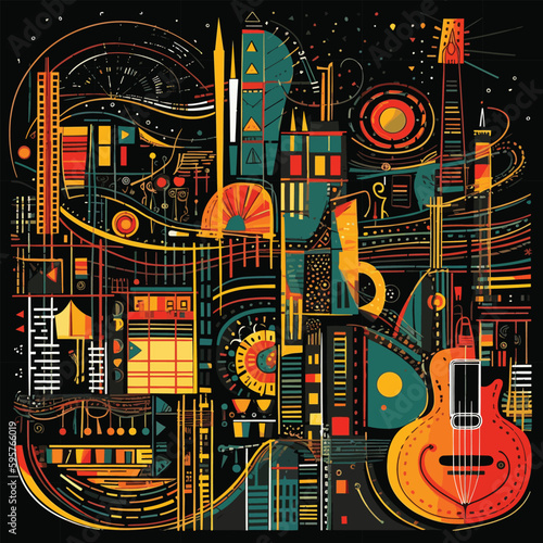 Colorful, abstract, vector illustration of jazz instruments coming together with city silhouette and lights to create a vibrant background