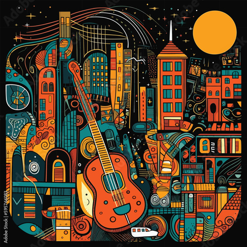 Colorful, abstract, vector illustration of jazz instruments coming together with city silhouette and lights to create a vibrant background